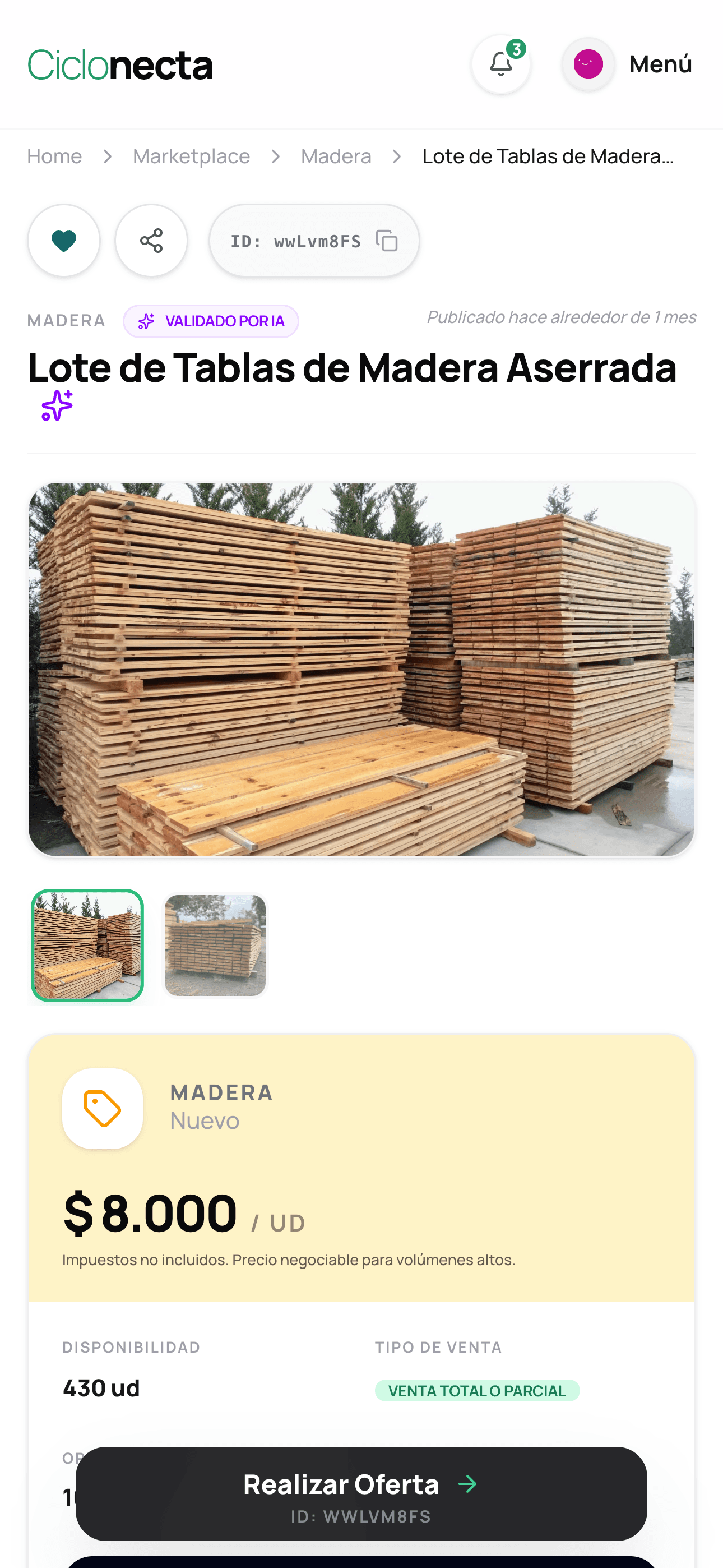 Vista móvil del marketplace de Ciclonecta